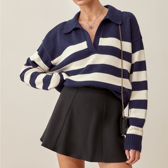 Reformation Sweaters - Reformation Francesco Cotton Polo Sweater Rugby Stripe Navy